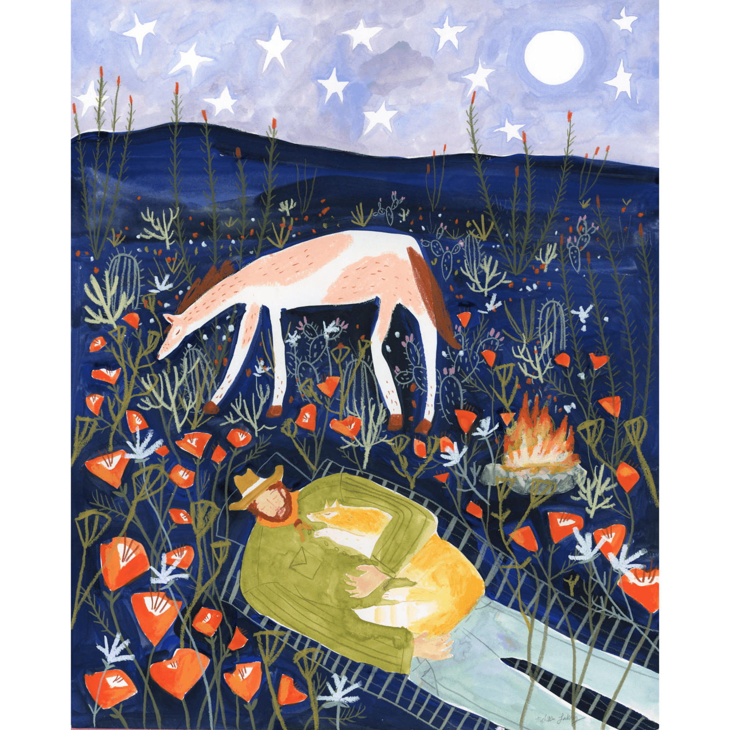 Illustration of a cowboy holding an animal sleeping under a starry sky with a deer and campfire.