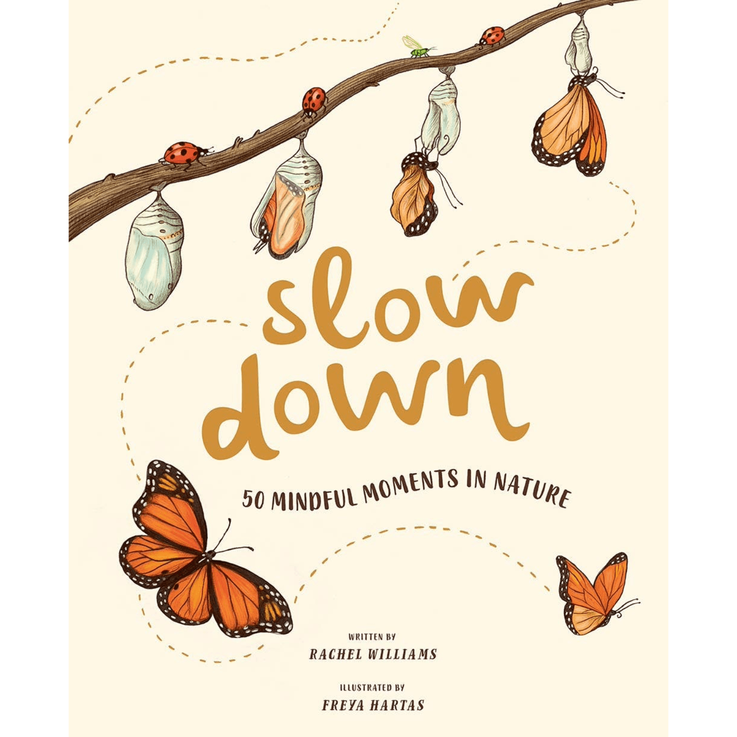 Book cover of 'Slow Down: 50 Mindful Moments in Nature' with butterflies and a branch on a beige background.