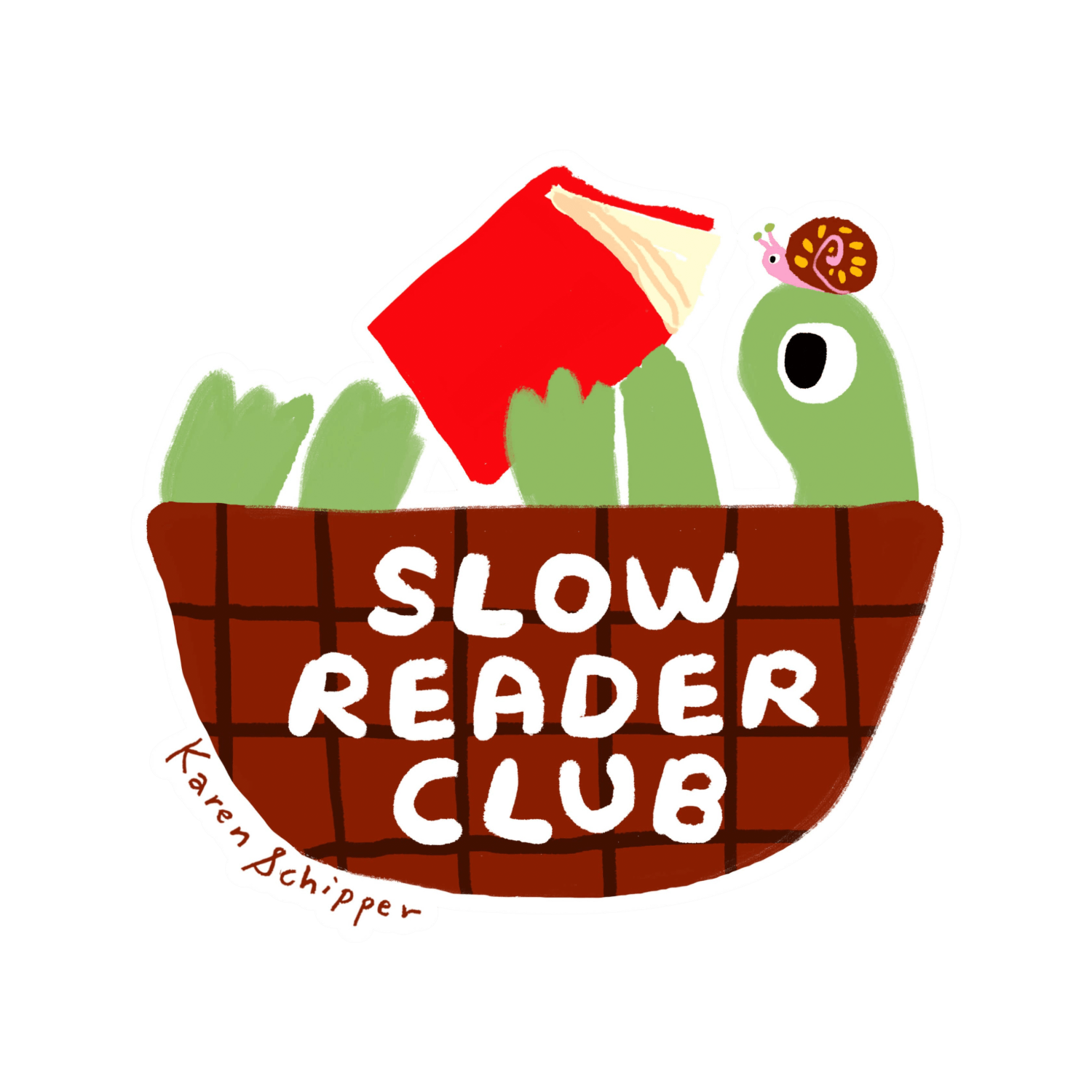 A turtle on it's back reading a book with a snail on its head. With 'Slow Reader Club', written on it's shell.