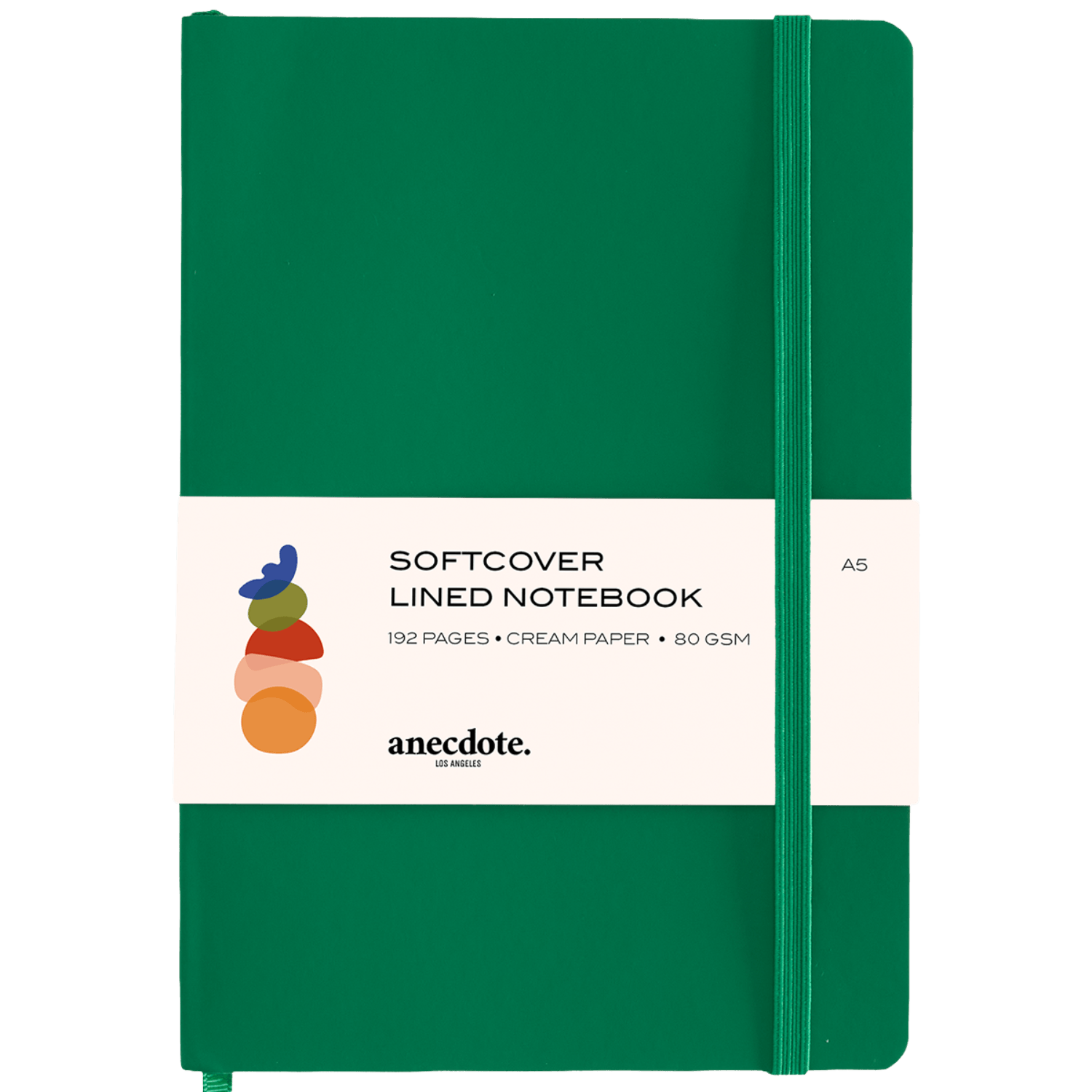 Dark green notebook with a white label.
