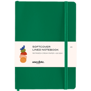 Dark green notebook with a white label.