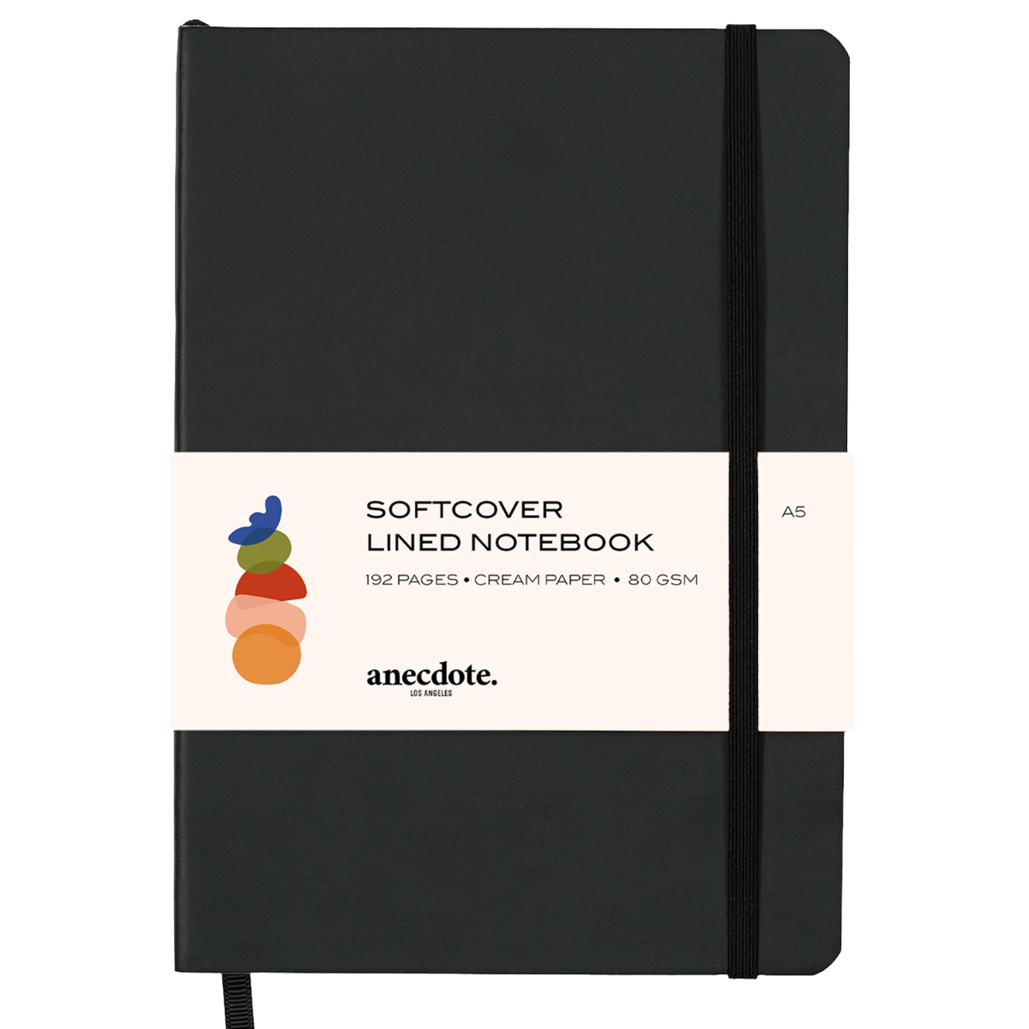 Black softcover lined notebook with a white label.