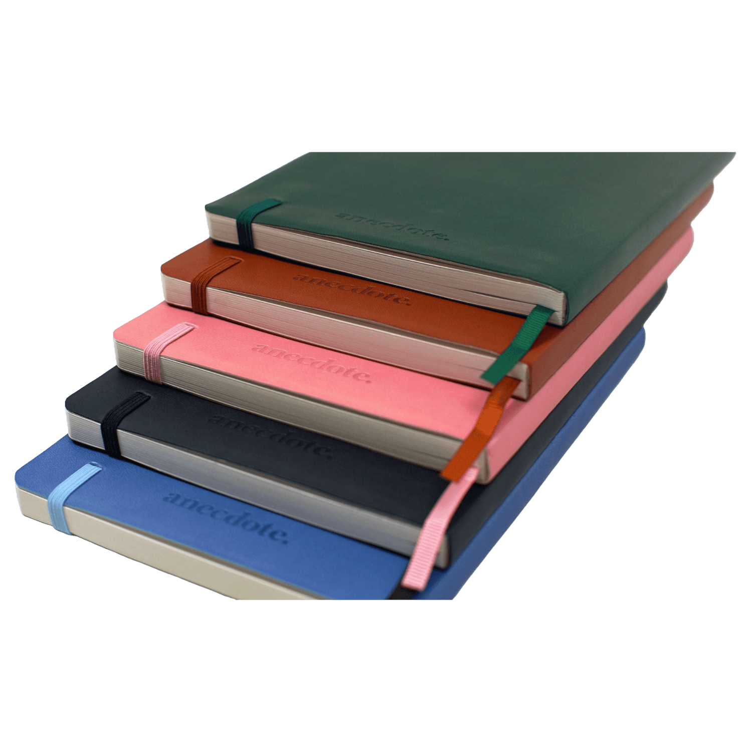 Stack of colorful notebooks with visible brand name.