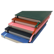 Stack of colorful notebooks with visible brand name.