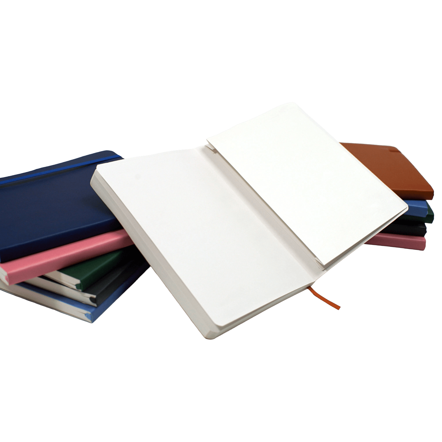 Open notebook with closed notebooks of different colors.
