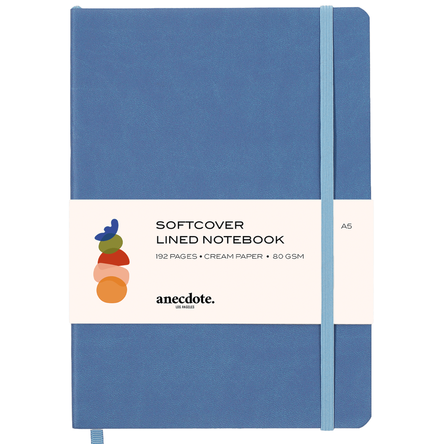 Blue softcover lined notebook with a white label.