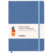 Blue softcover lined notebook with a white label.