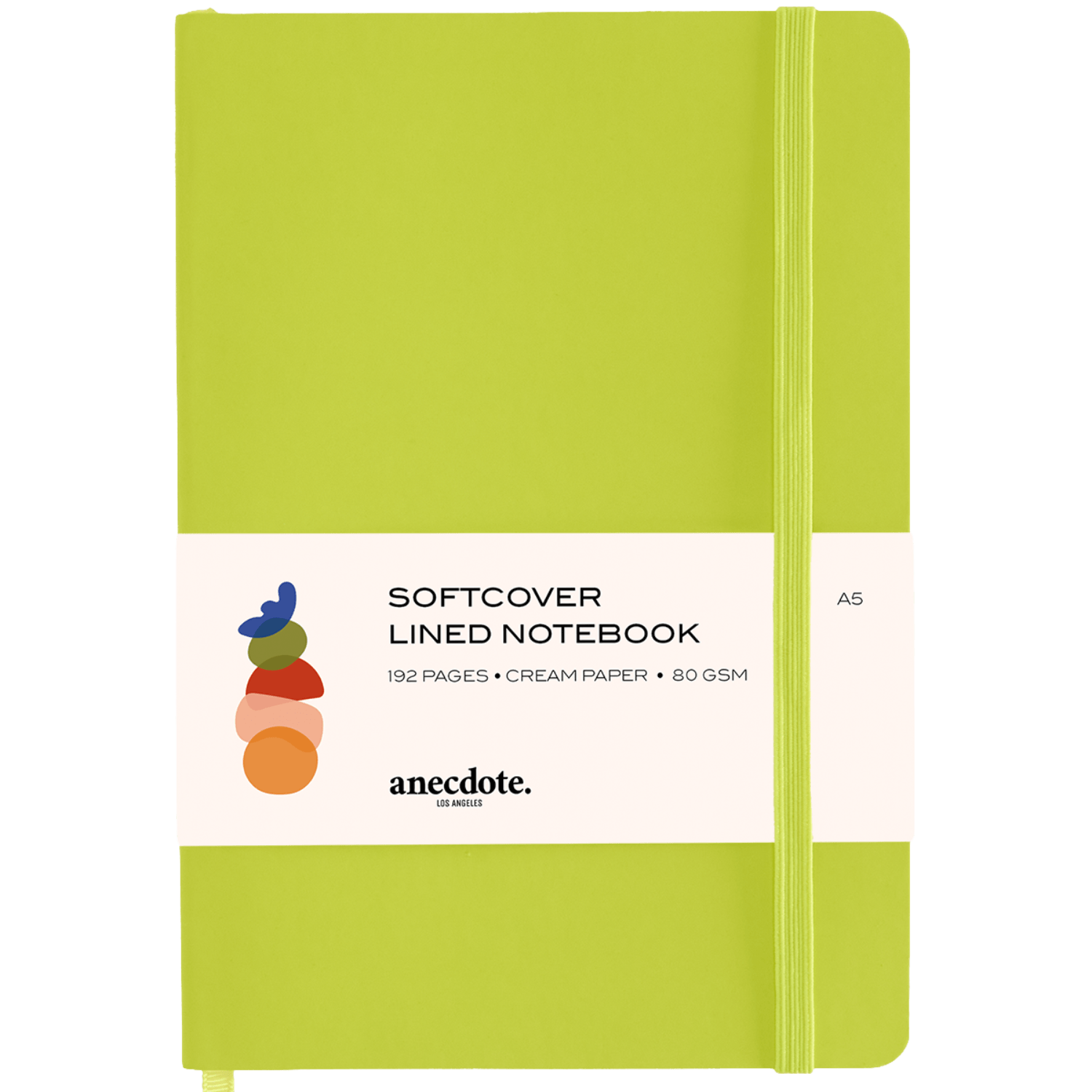 Neon green notebook with white label.