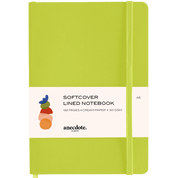 Neon green notebook with white label.