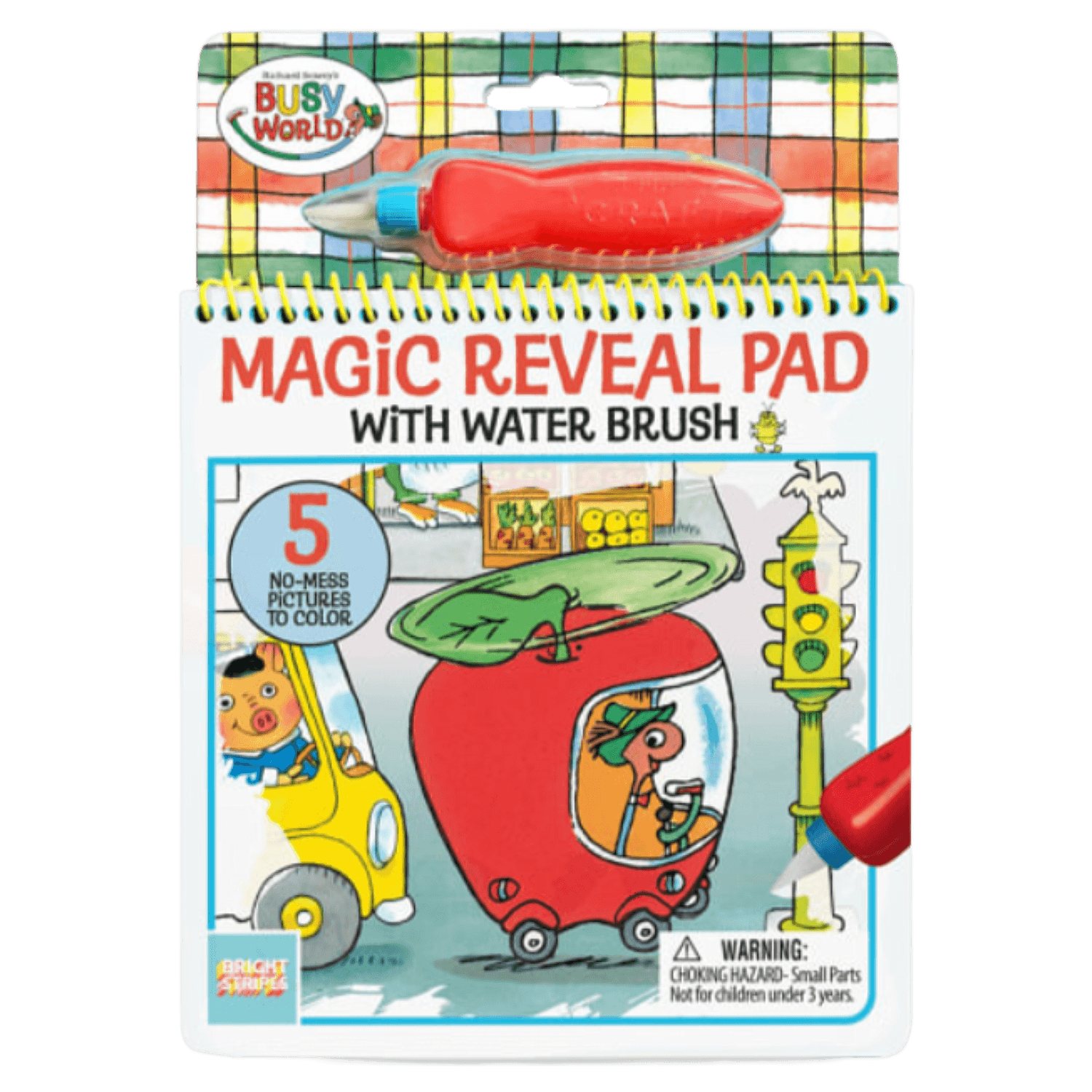 Busy World Magic Reveal Pad with Water Brush toy activity pad in its retail packaging, featuring colorful cartoon illustrations and a red water brush visible at the top.