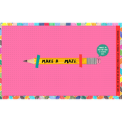 Pink illustration with a pencil design and text 'MAKE A MAZE' on a colorful border.