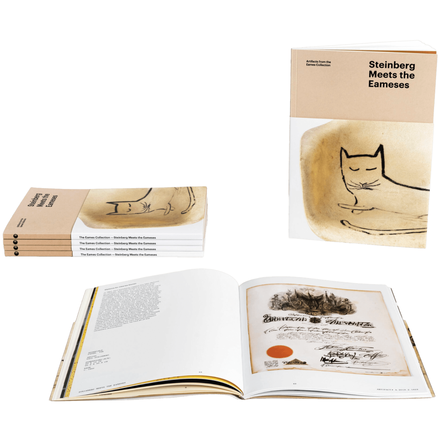 Open book with Steinberg Meets the Eameses cover showing a cat illustration, with additional books stacked in the background.