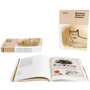 Open book with Steinberg Meets the Eameses cover showing a cat illustration, with additional books stacked in the background.