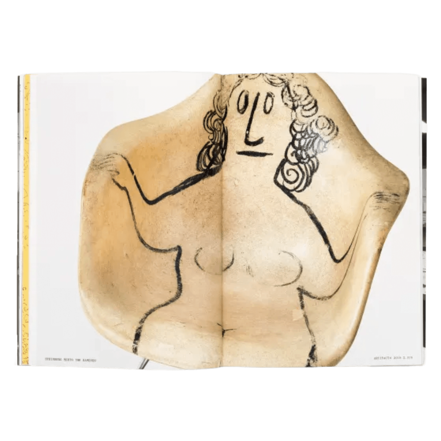 Book pages of an Illustration of a female torso with artistic markings on a white background