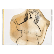 Book pages of an Illustration of a female torso with artistic markings on a white background