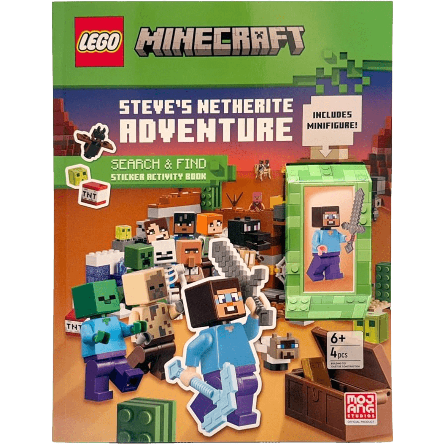 LEGO Minecraft book cover featuring Steve's Netherite Adventure with colorful characters and a green box.