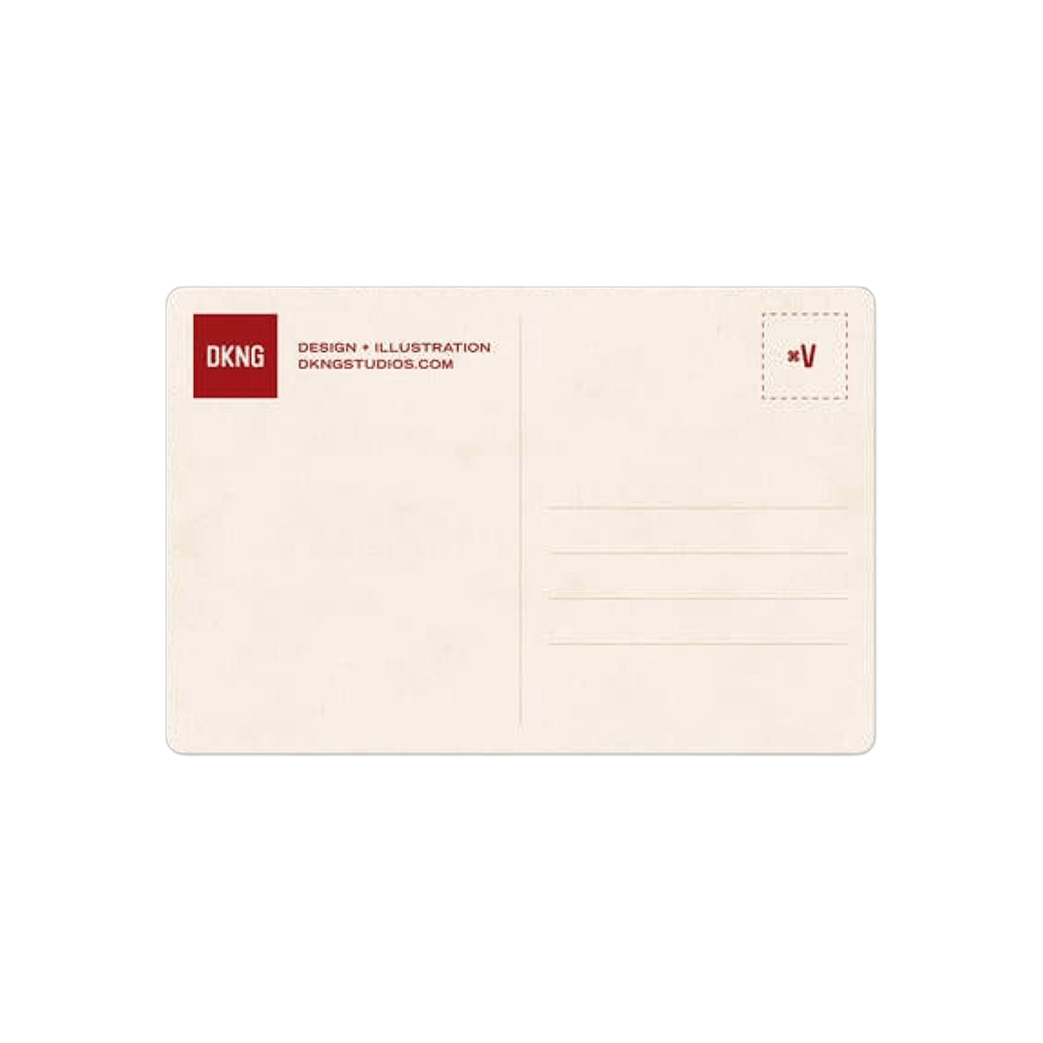 The back of a beige postcard with red DKNG branding.