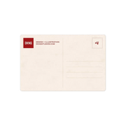 The back of a beige postcard with red DKNG branding.