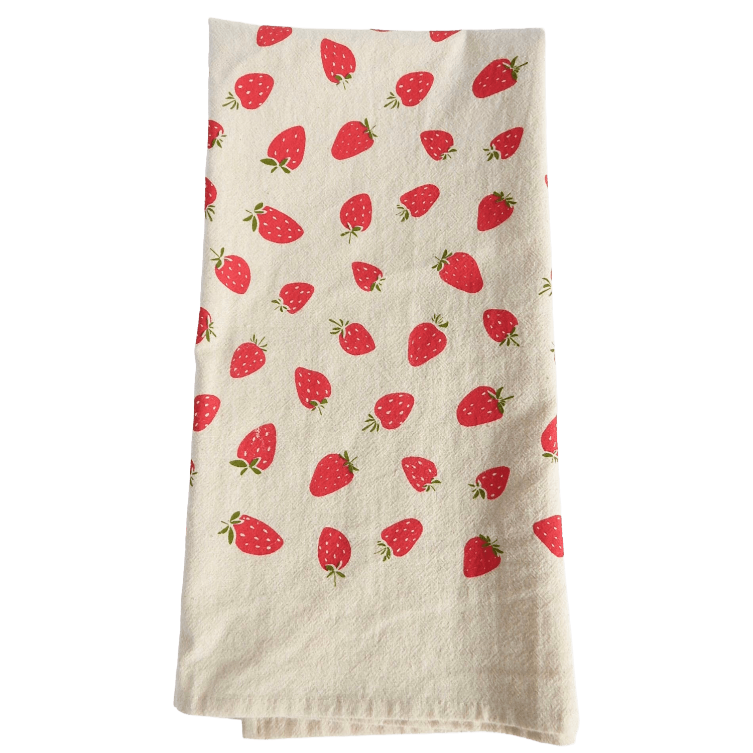 Beige towel with red strawberry pattern.