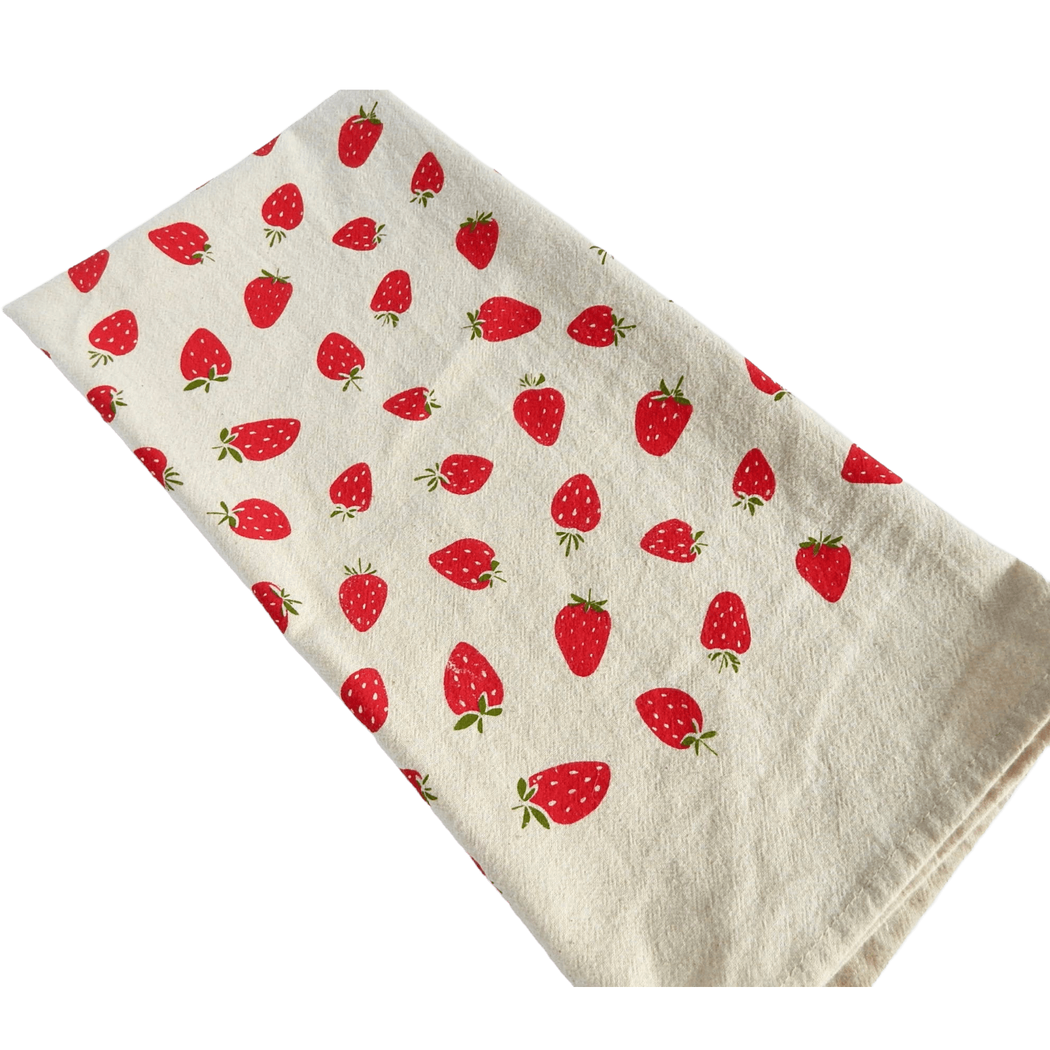 Beige towel with red strawberry pattern.