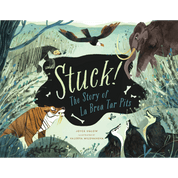 Book cover of 'Stuck! The Story of La Brea Tar Pits' with illustrations of animals and text.