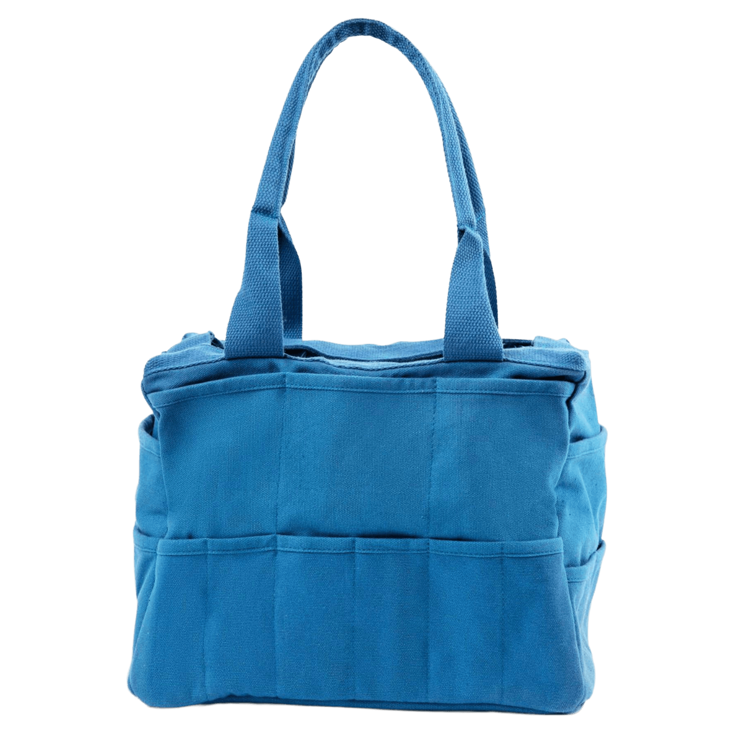 The backside of a blue painter's bag with multiple pockets.