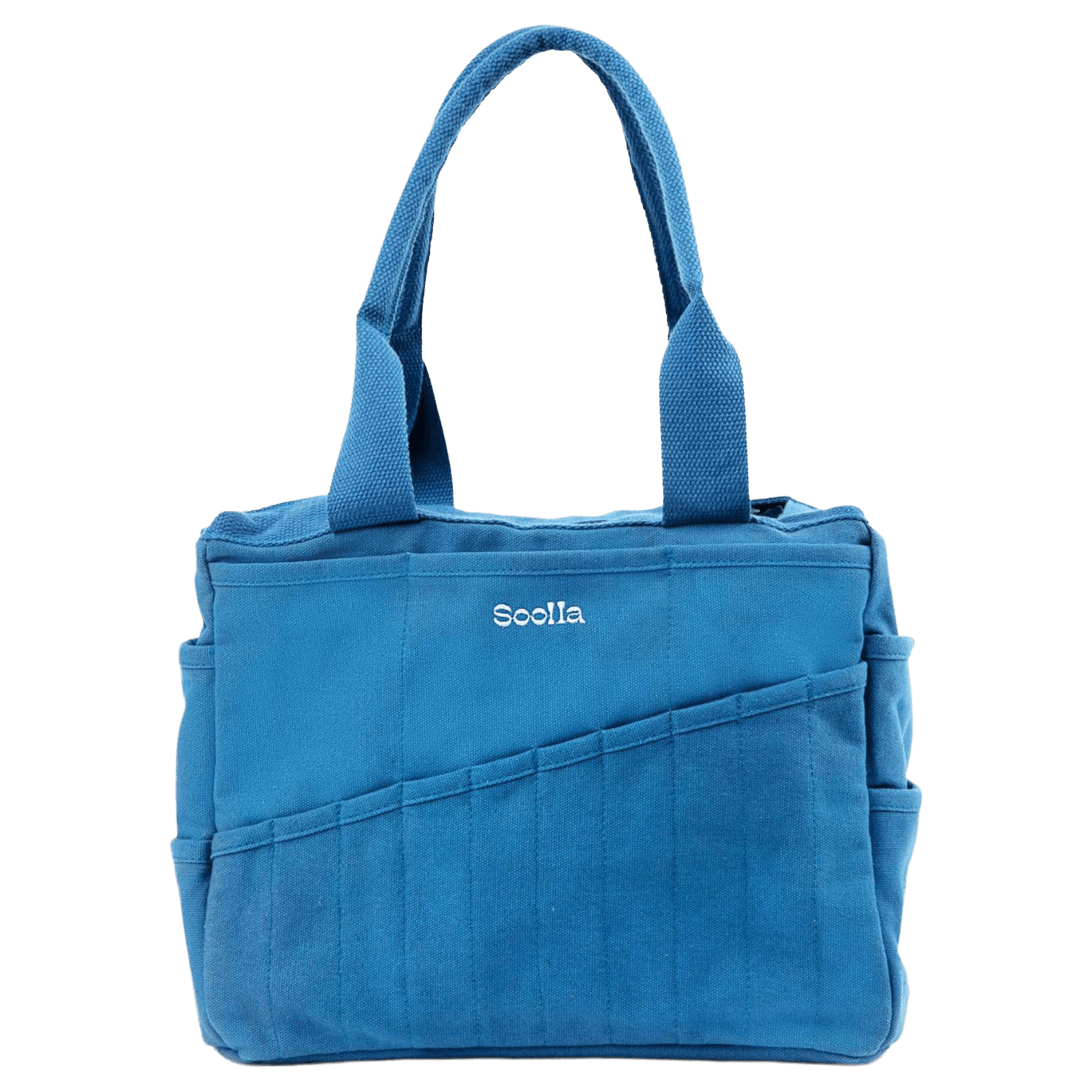 The front of a blue painter's bag with 'Soolla' branding and multiple pockets.