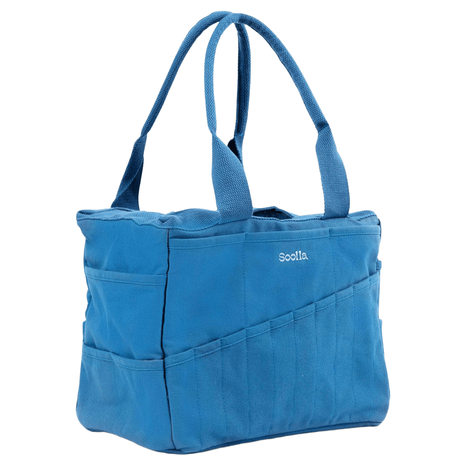 Side of a blue painter's bag with multiple pockets and a visible brand logo.