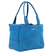Side of a blue painter's bag with multiple pockets and a visible brand logo.