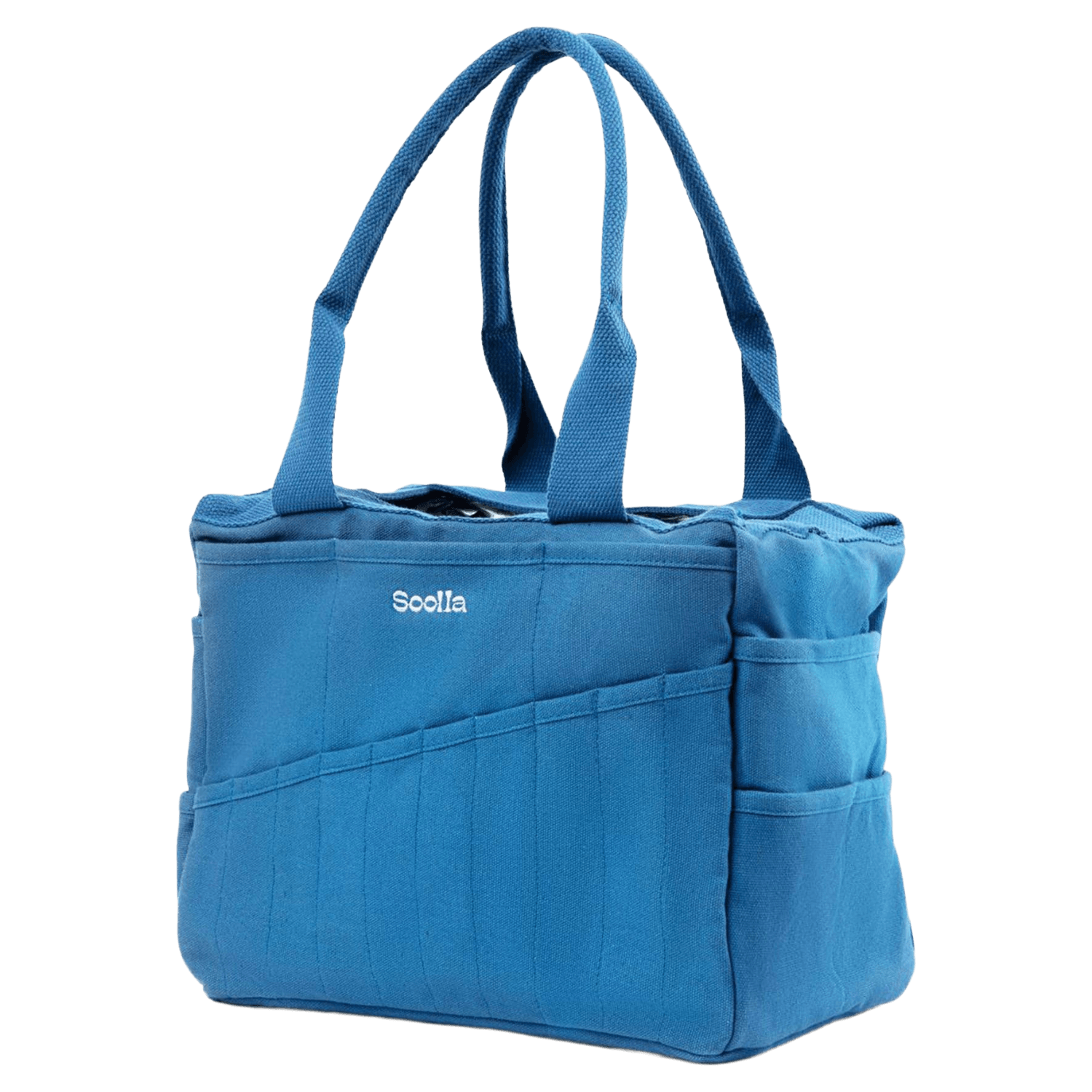 The side of a blue painter's bag with white 'Soolla' branding