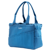 The side of a blue painter's bag with white 'Soolla' branding