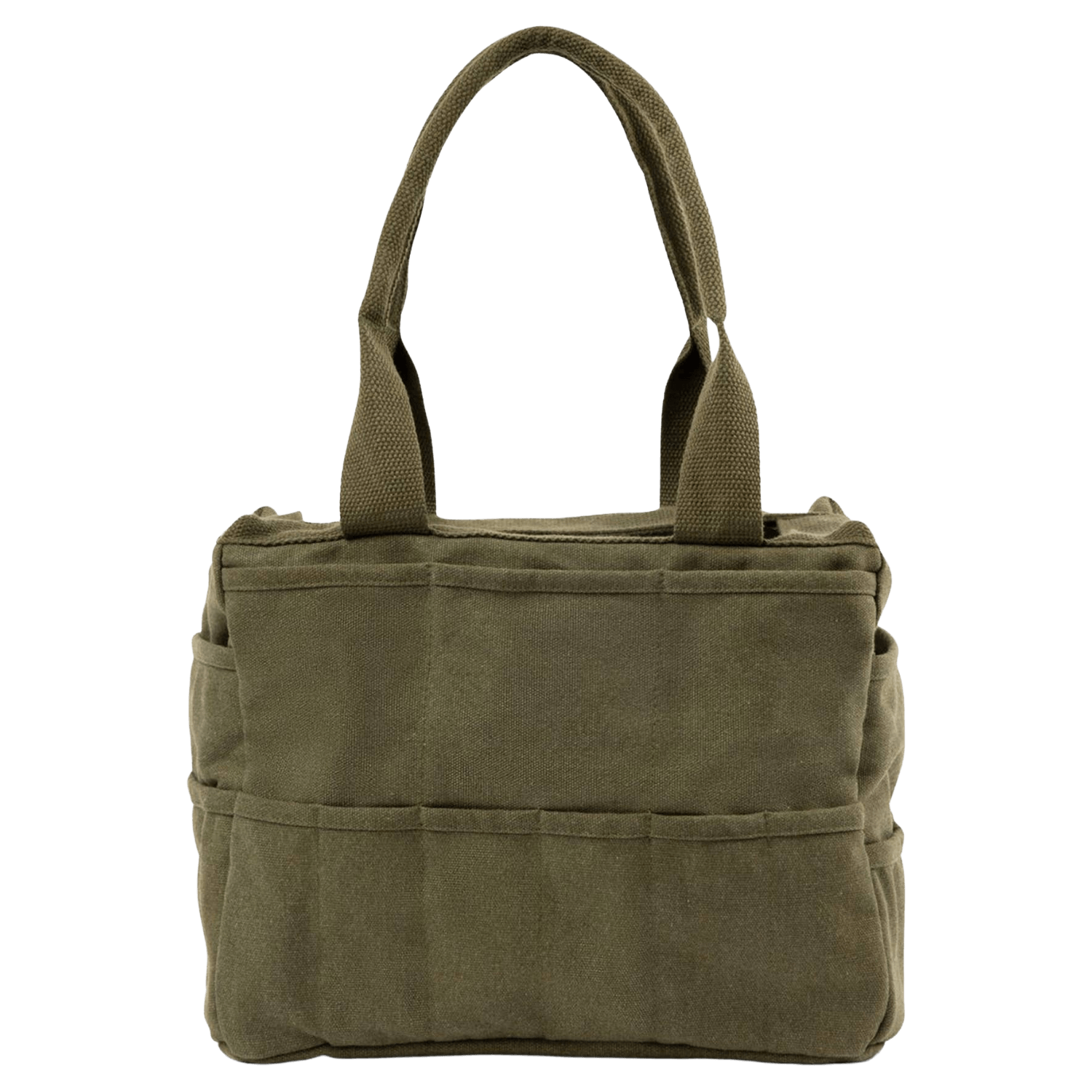 The back of a green painter's bag with multiple pockets.