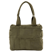 The back of a green painter's bag with multiple pockets.