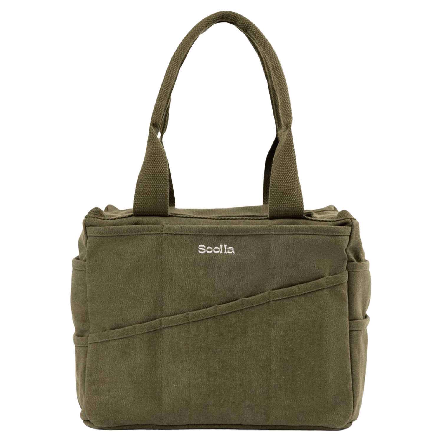 The front of a green painter's bag with white 'Soolla' branding on it.