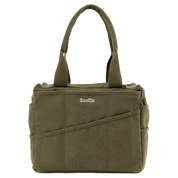 The front of a green painter's bag with white 'Soolla' branding on it.