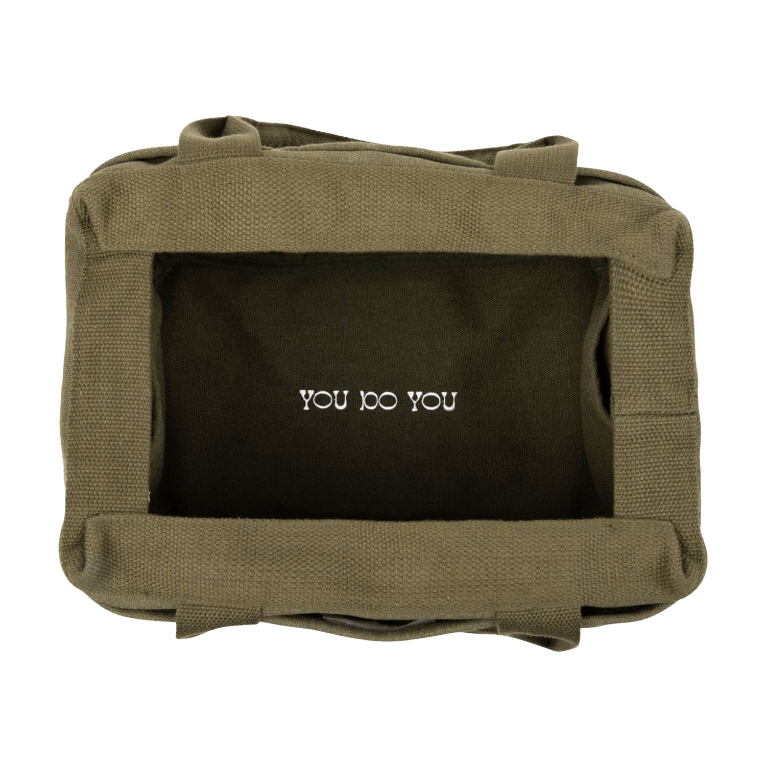 Inside of a green bag with 'YOU DO YOU' text on the inside bottom.
