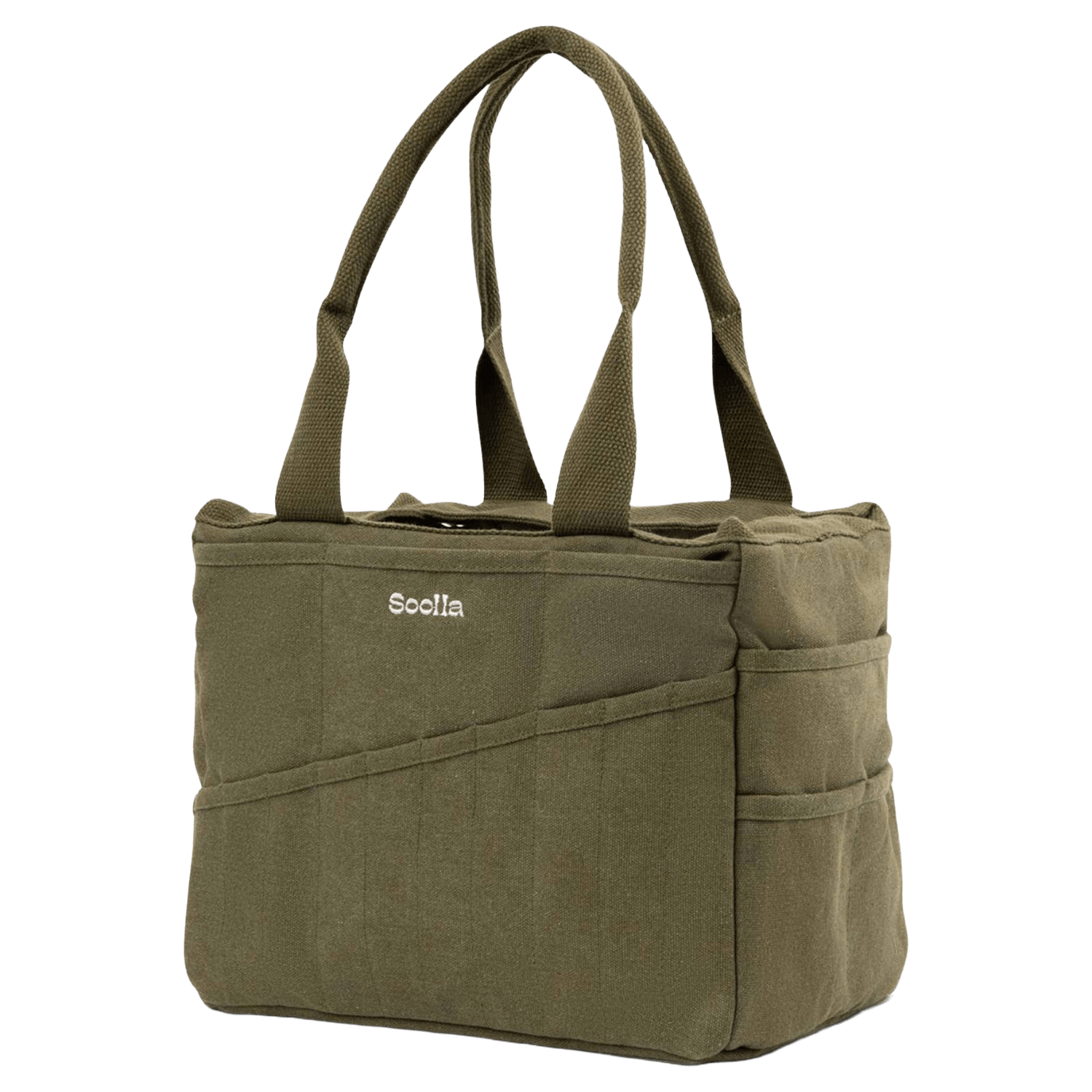The side of a green painter's bag with multiple pockets. 