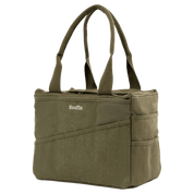 The side of a green painter's bag with multiple pockets. 