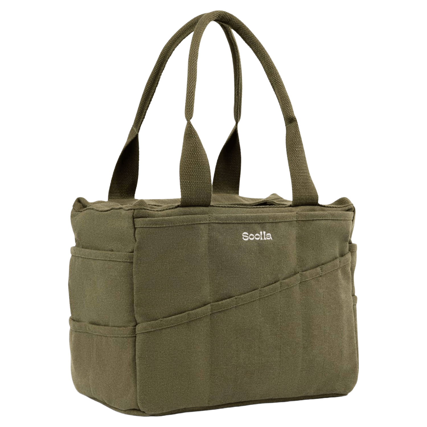 The side of a green painter's bag with multiple pockets. 