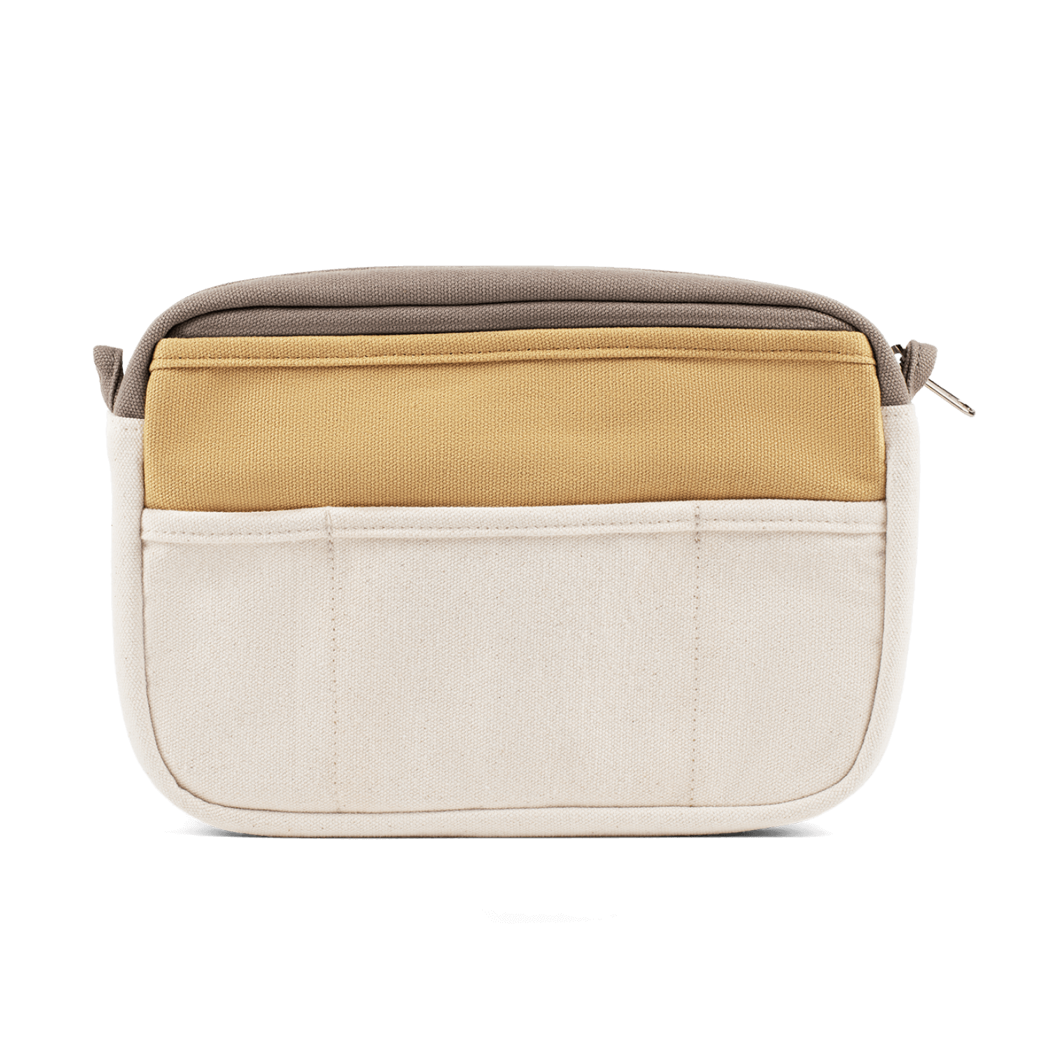 Multicolored pouch with beige, brown, and white sections, with multiple pouches. 