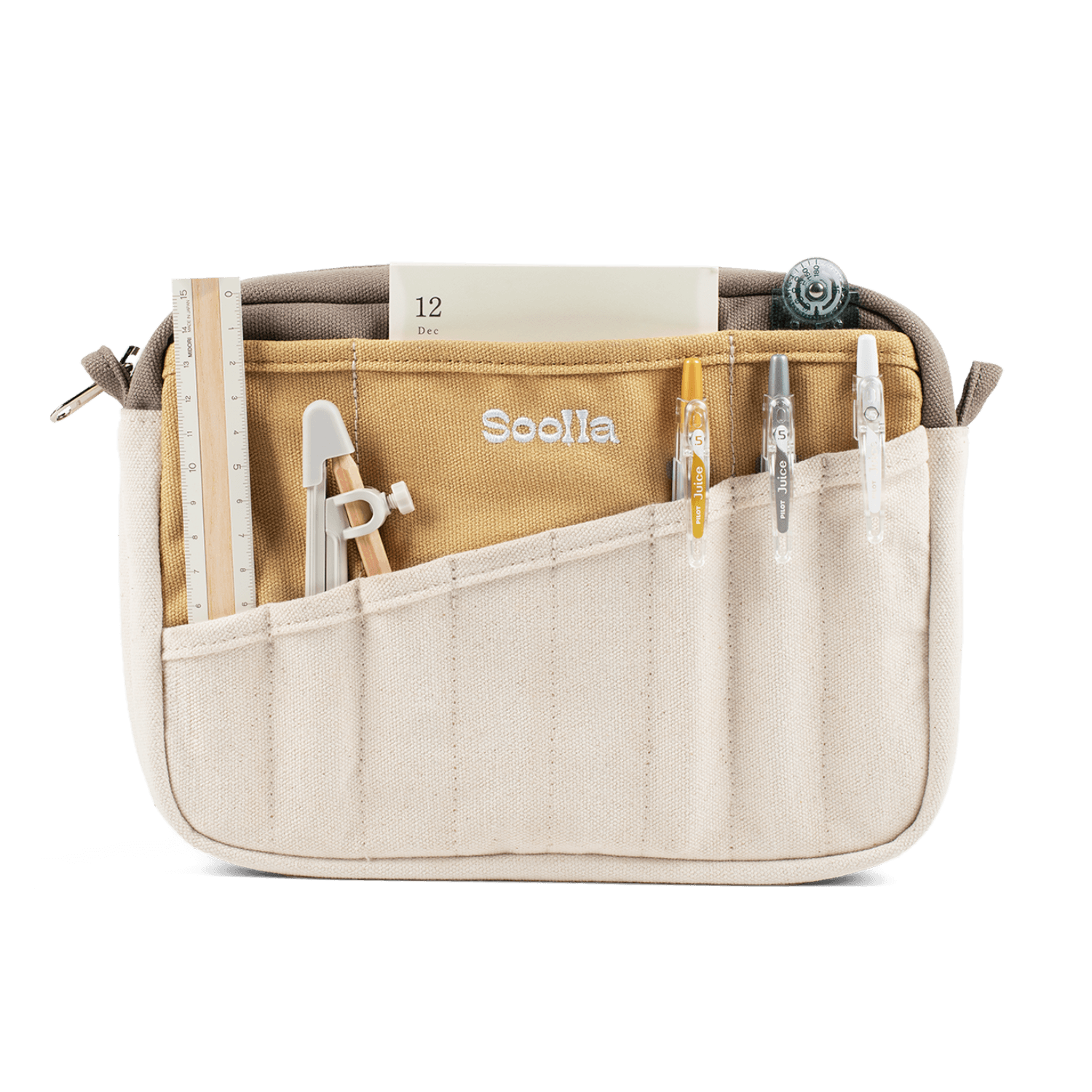 Beige organizer bag with various items.