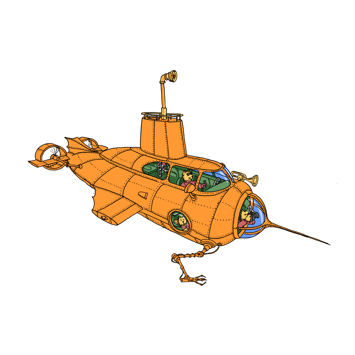 Illustration of a vintage-style orange submarine with cats inside