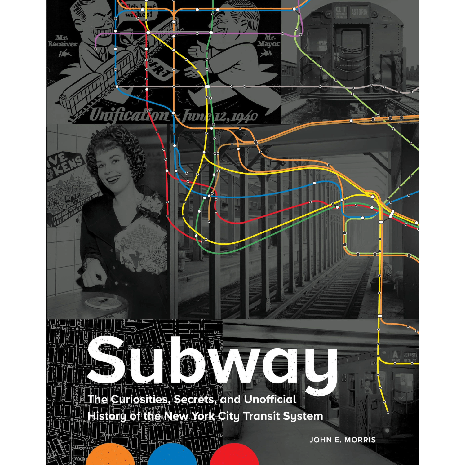 Book cover of 'Subway' with black and white images and colorful lines on a dark background
