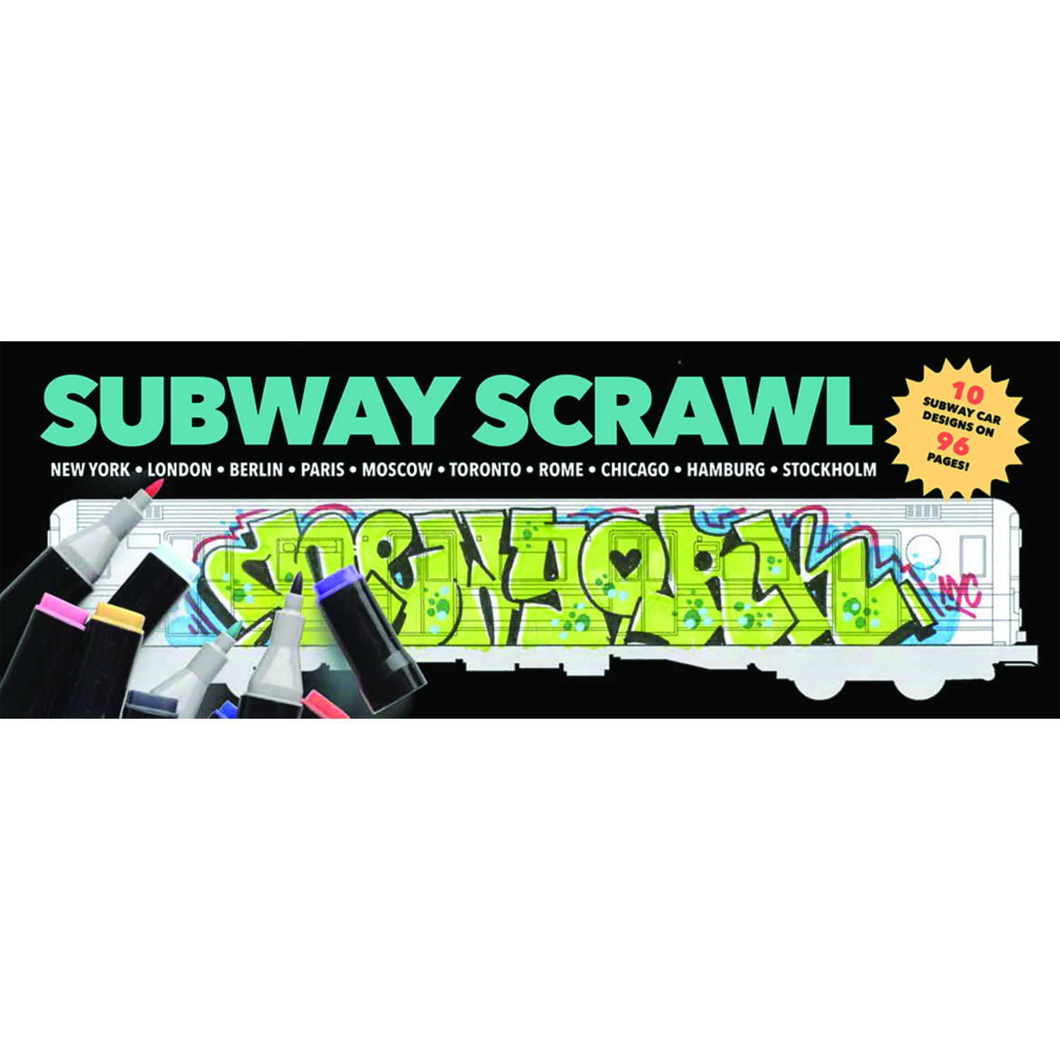 Promotional graphic for 'Subway Scrawl' with graffiti-style text and markers.