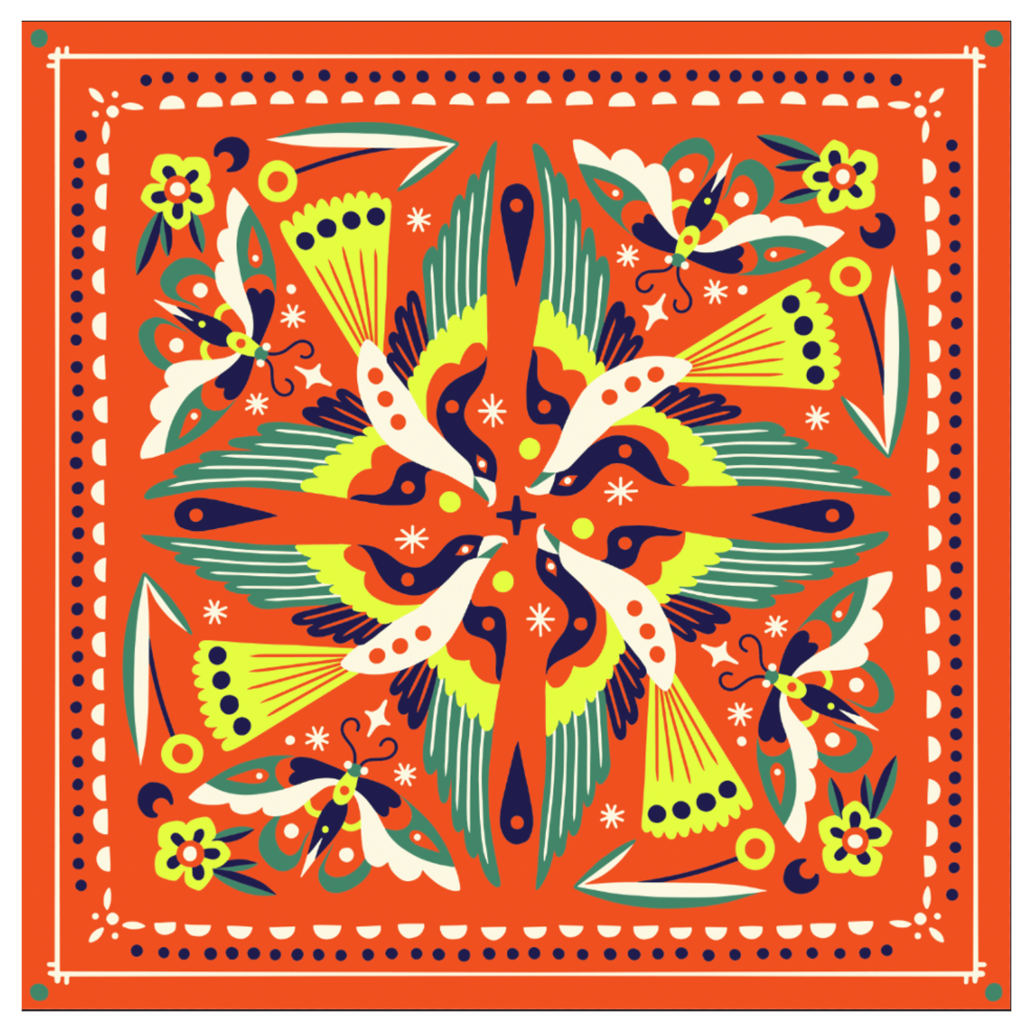 Colorful bandana design with abstract bird patterns and flowers on a red background