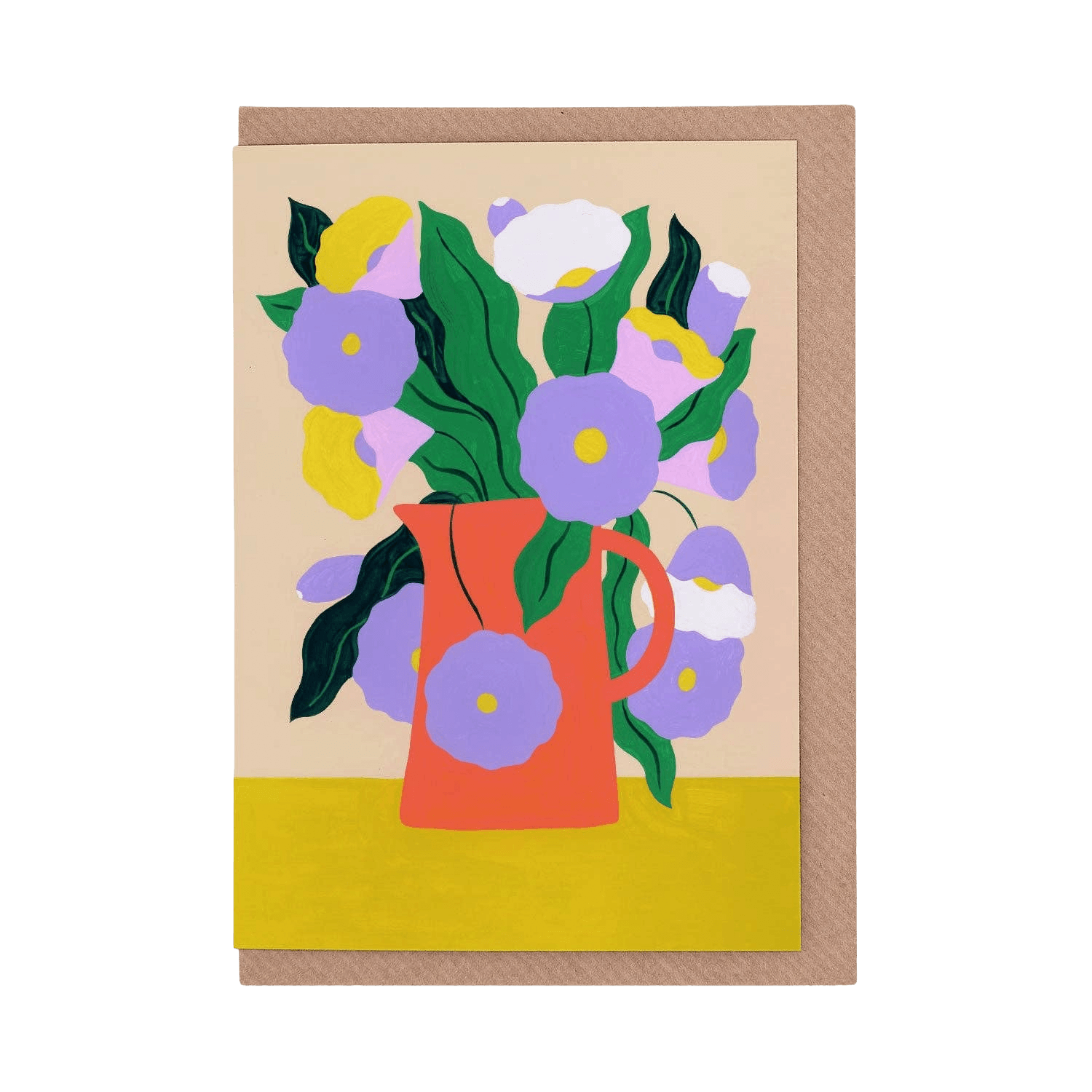 Greeting card with a red pitcher and purple flowers on a beige background