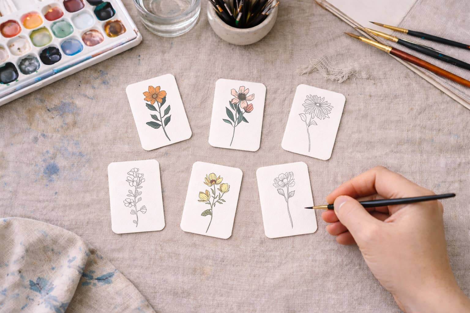 Hand painting watercolor illustrations of flowers on small cards with a palette and brushes in the background.