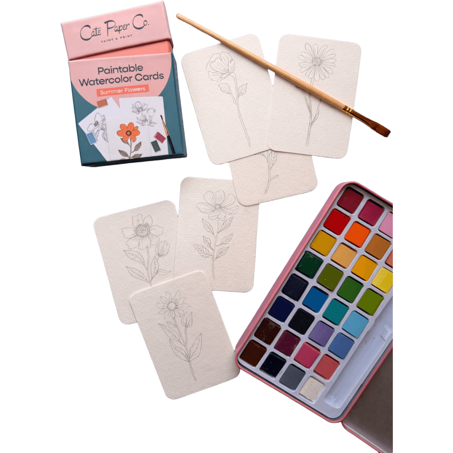 Paintable watercolor cards with floral designs, a paintbrush, and a watercolor palette.