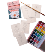 Paintable watercolor cards with floral designs, a paintbrush, and a watercolor palette.