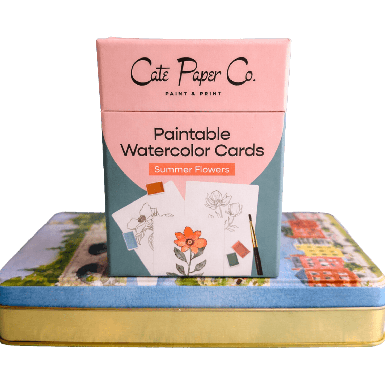 Cate Paper Co. paintable watercolor cards packaging with sample cards.